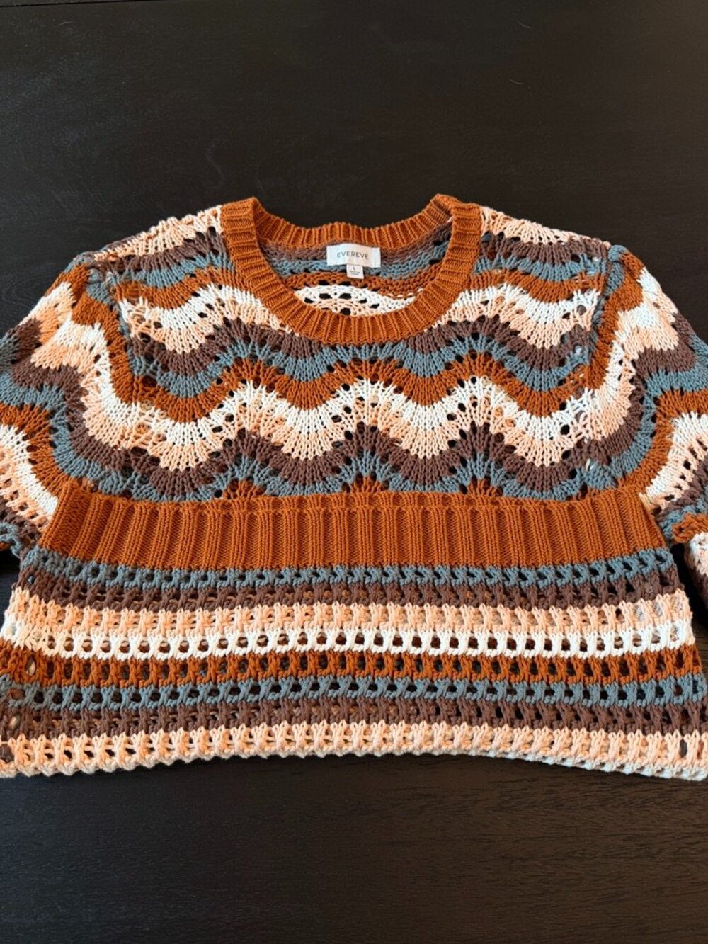 Evereve Multicolor Chevron Open Knit Short Sleeve Cotton Sweater L